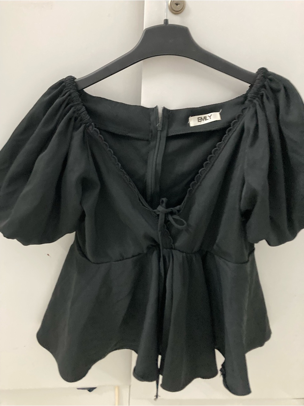 Black Puff-Sleeve Peplum Tie-Front Blouse